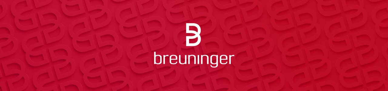 Rotes Hintergrundbild mit wiederholtem Breuninger-Logo in Reliefoptik. In der Mitte das weiße Breuninger-Logo mit Schriftzug