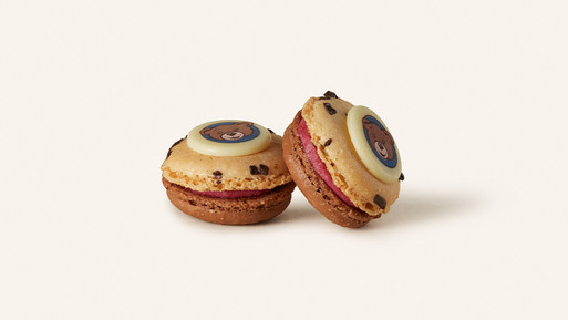 Zwei dekorierte Macarons mit Cremefüllung und bedrucktem Schokoladenelement auf hellem Hintergrund