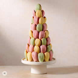 Madeleines-Turm aus pastellfarbenen Gebäckstücken in Rosa, Gelb und Grün, dekorativ auf einer weißen Tortenplatte arrangiert vor hellem Hintergrund.