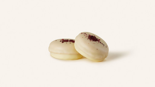 Zwei helle, glasierte Macarons mit feiner Dekoration auf hellem Hintergrund.