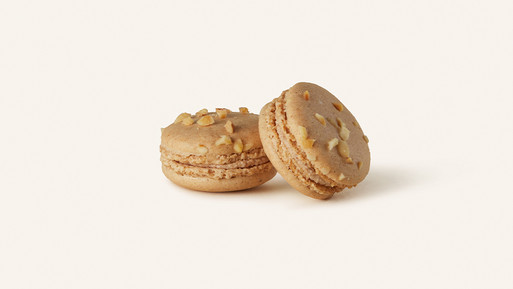 Zwei Macarons mit heller Cremefüllung und Nussstücken auf hellem Hintergrund.