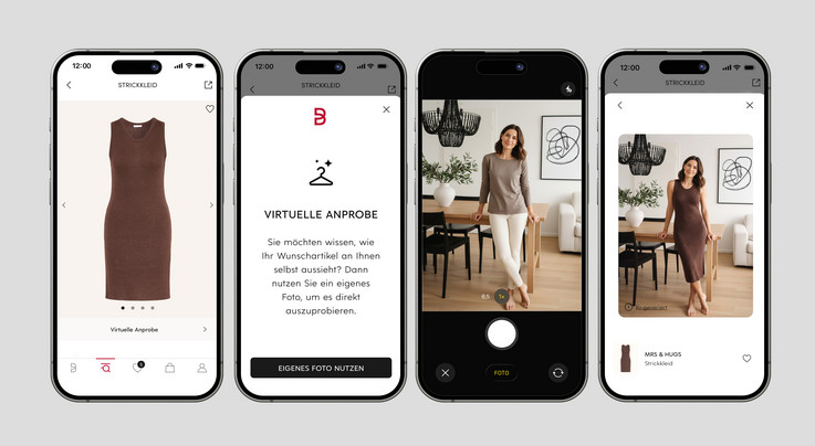 Bild zeigt den Virtual Try On Prozess in vier Schritten: Von der auswahl des Artikels, über das Hochladen eines eigenen Bildes bis zum Endprodukt.