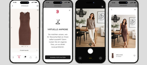Bild zeigt den Virtual Try On in vier Schritten - von der Artikel, über die Auswahl des Virtual Try Ons, zum Hochladen des eigenen Bildes und dem Endprodukt.