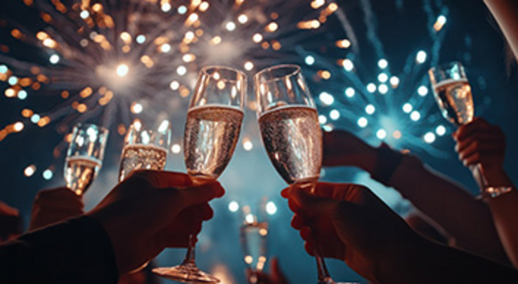 Ein festlicher Moment: Gläser voller Sekt vereinen sich im Anstoßen, während ein strahlendes Feuerwerk den Himmel erleuchtet.