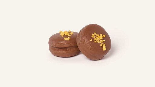 Zwei braune Vollmilch-Pralinen in Macaron-Optik mit glatter Oberfläche und gelber Kokos-Maracuja-Dekoration auf hellem Hintergrund.