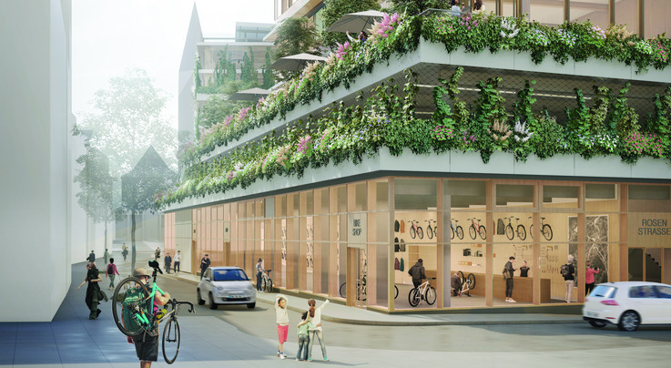 Bild zeigt eine Visualisierung des Bauprojektes "Breuninger Park", man sieht eine Straße mit Menschen und auf der rechten Seite den Breuninger Park mit Ladenfassaden und einer begrünten Außenfassade